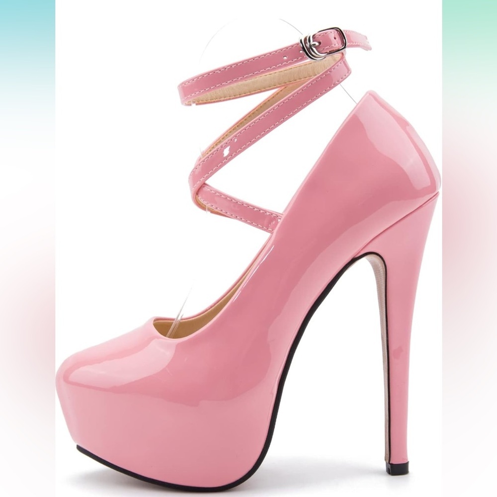 Pink Patent Cross-Strap Platform Heels - Picture 8 of 16
